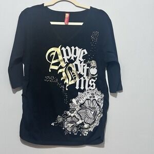 Apple Bottoms Y2K‎ Top Black Gold Graphic Rhinestone Shirt Women 2XL  (XL) Nelly